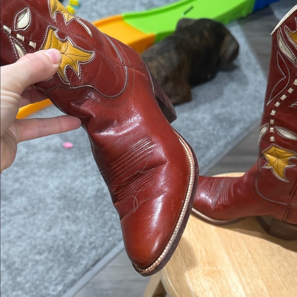 Dan Post Red Leather Heeled Boots with Yellow and Cream Accents - Picture 4 of 11